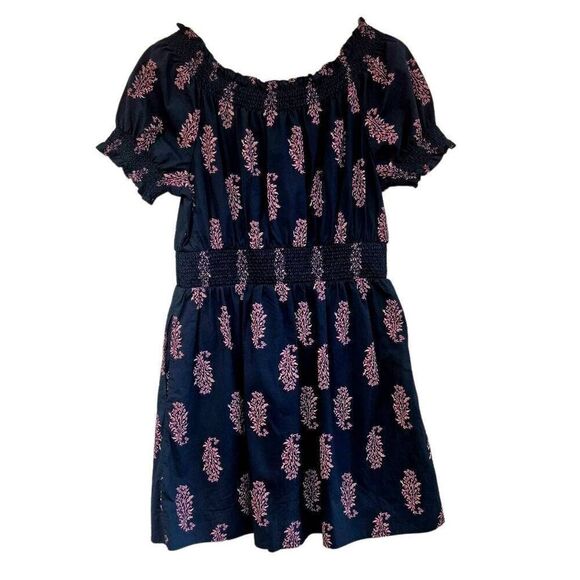 J Crew Smocked Navy & Pink puff-sleeve cotton poplin dress budding branch print - Picture 3 of 12